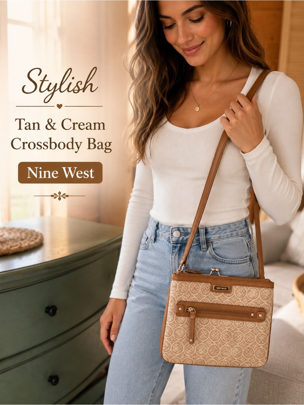 Stylish Tan and Cream Crossbody Bag Nine West